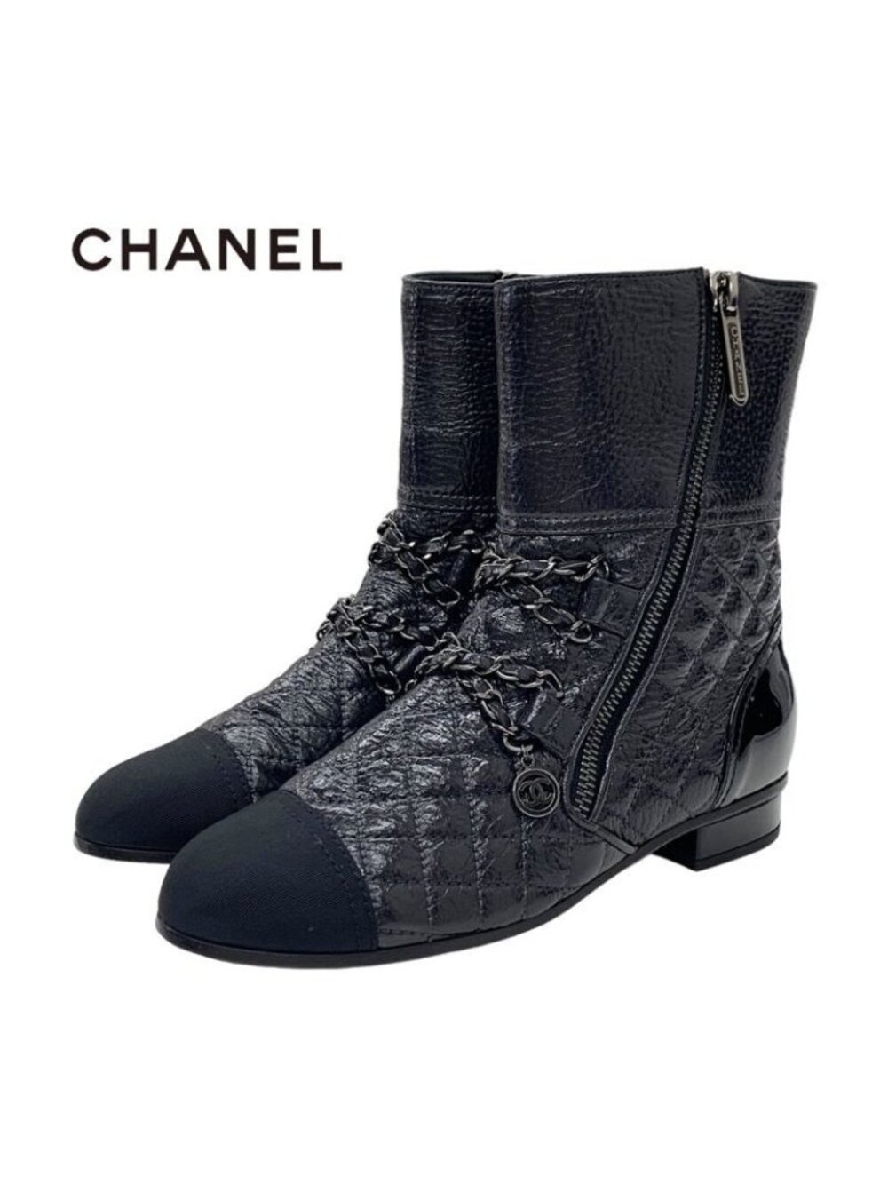 Chanel Boots Short Shoes Leather Black Coco Mark Chain Quilted